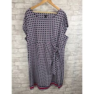 Talbots Dress 3XP Plus Petite Black Red Geo Print Sheath Jersey Ruched Tie Waist